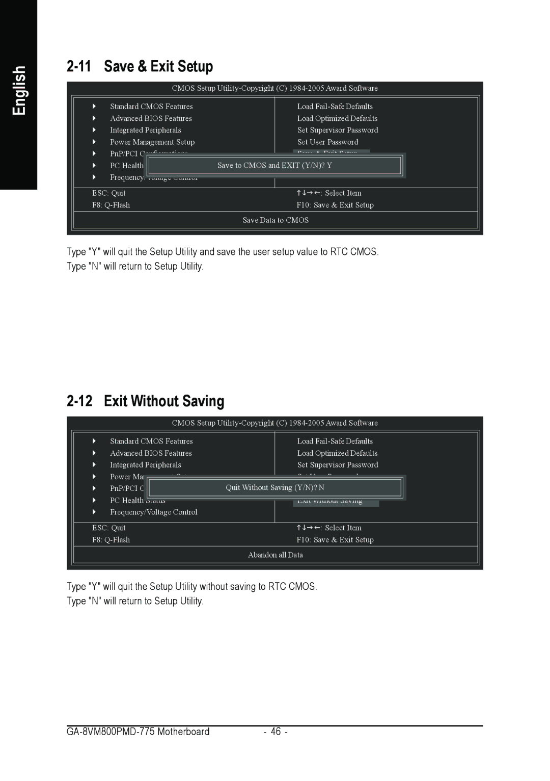 Intel GA-8VM800PMD-775 user manual Save & Exit Setup, Exit Without Saving 