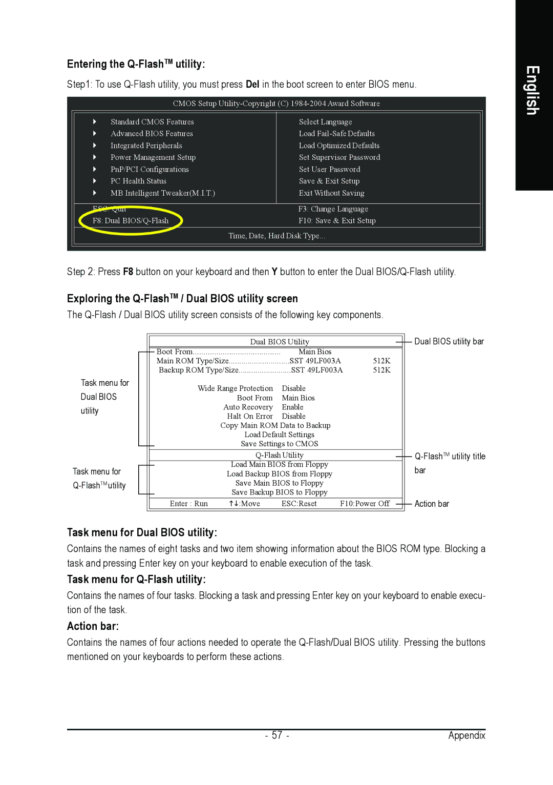 Intel GA-8VM800PMD-775 Entering the Q-FlashTMutility, Exploring the Q-FlashTM / Dual Bios utility screen, Action bar 