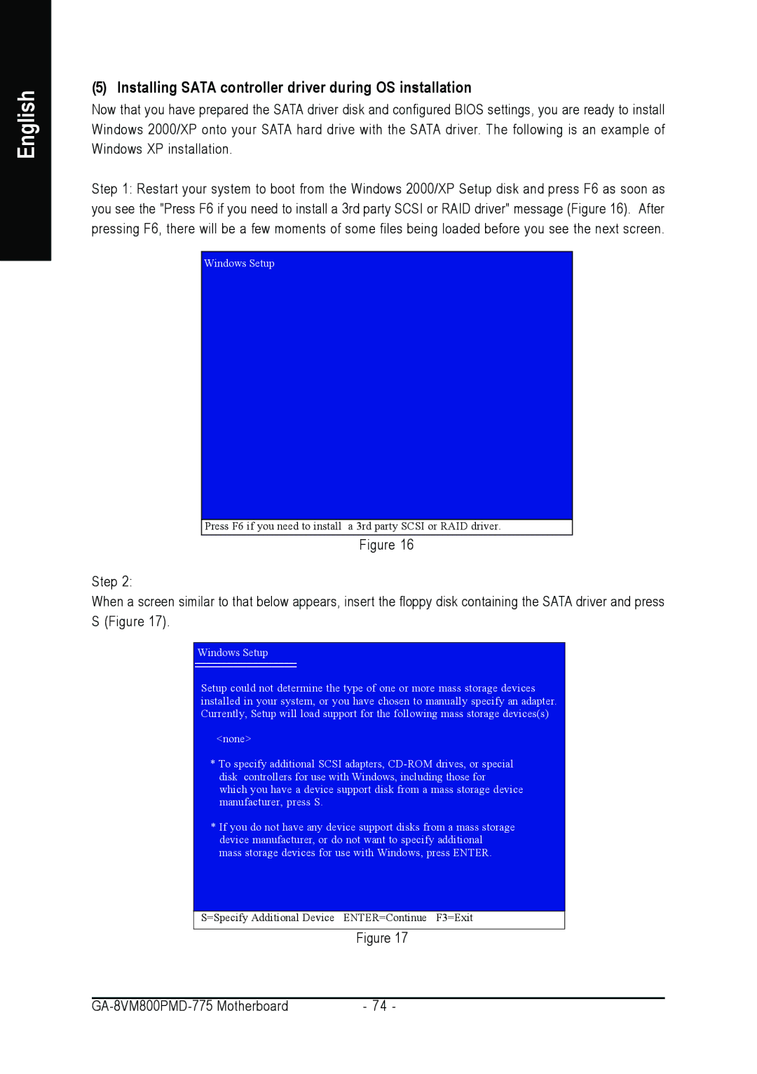 Intel GA-8VM800PMD-775 user manual Installing Sata controller driver during OS installation 