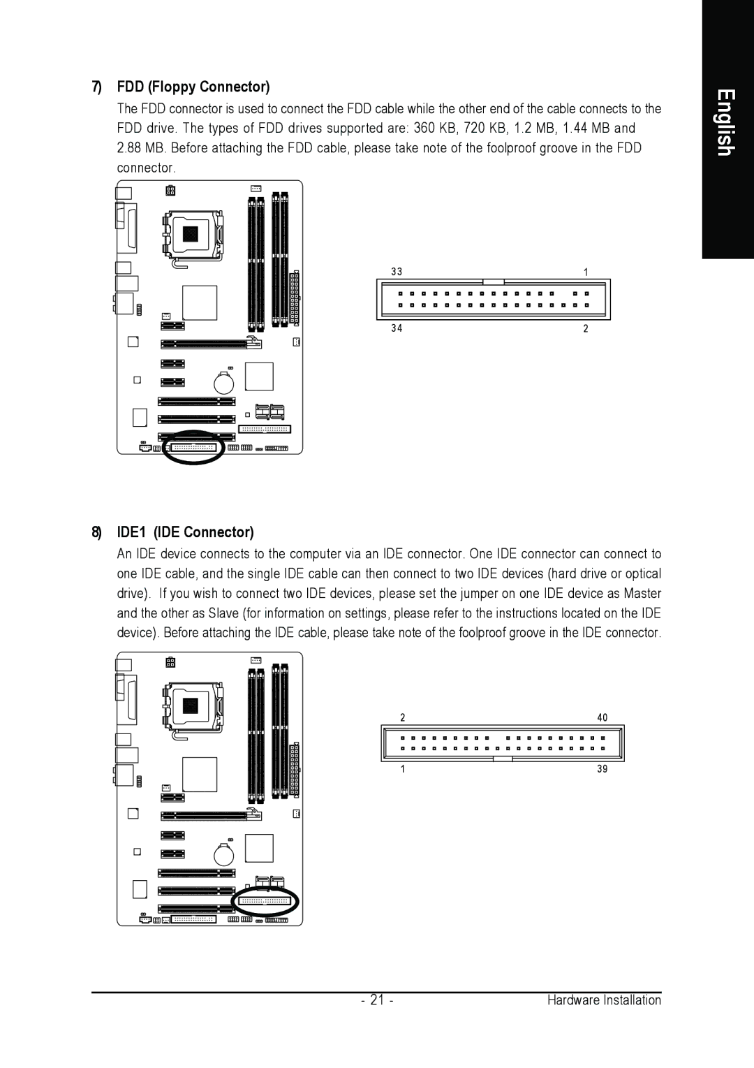 Intel GA-945P-DS3/S3 user manual FDD Floppy Connector, IDE1 IDE Connector 