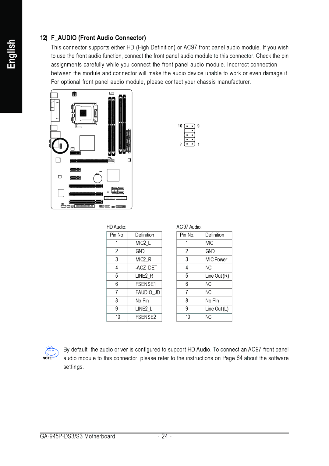 Intel GA-945P-DS3/S3 user manual Faudio Front Audio Connector 