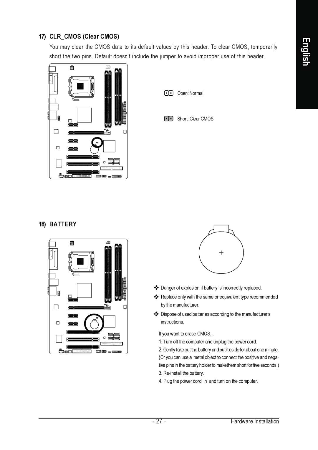 Intel GA-945P-DS3/S3 user manual Clrcmos Clear Cmos 