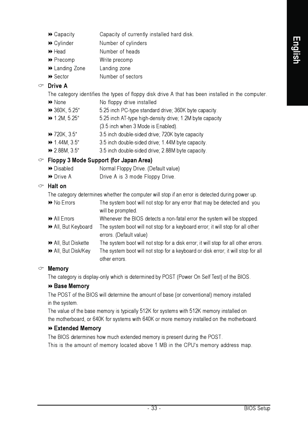 Intel GA-945P-DS3/S3 user manual Drive a, Floppy 3 Mode Support for Japan Area, Halt on, Base Memory, Extended Memory 