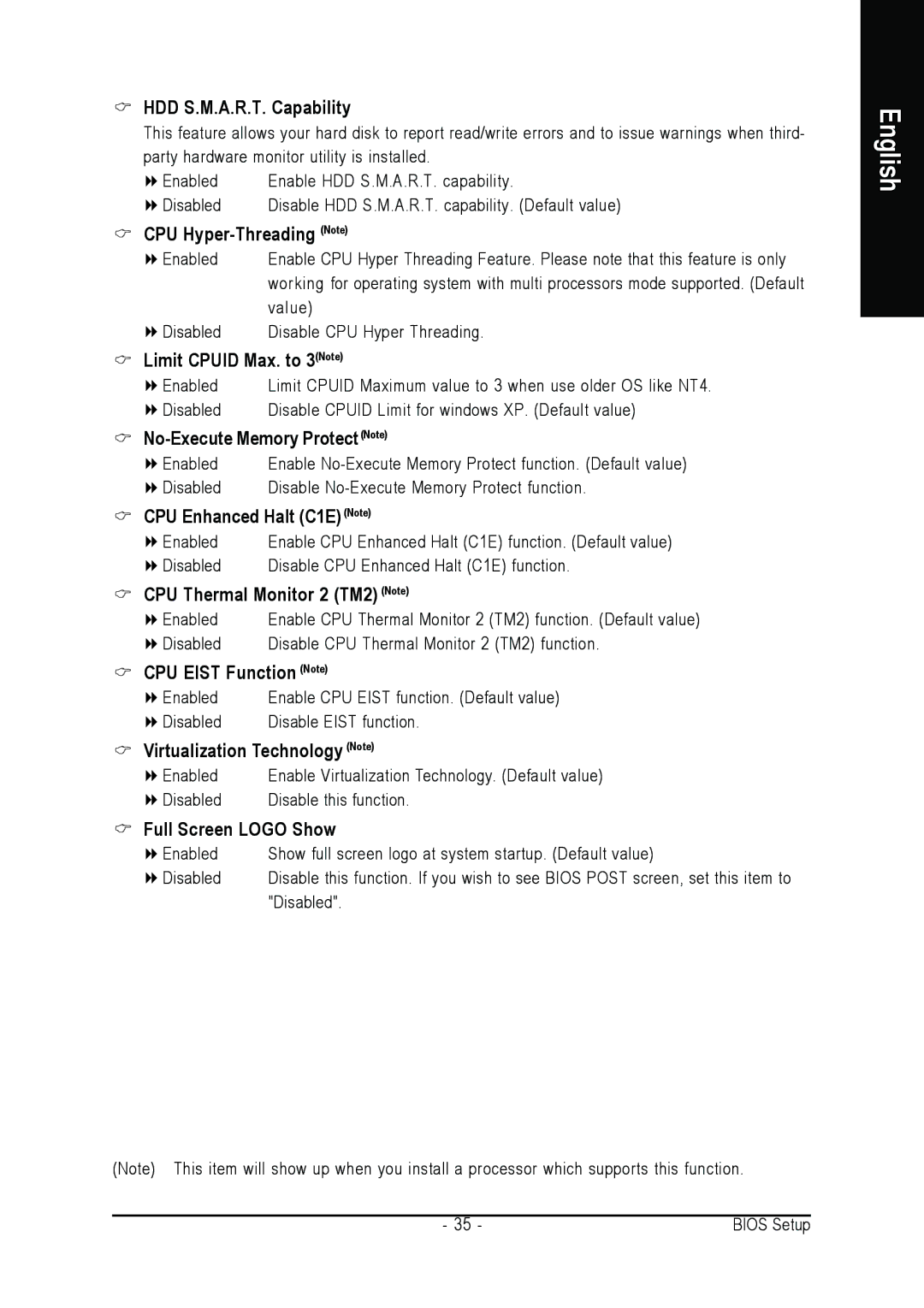 Intel GA-945P-DS3/S3 HDD S.M.A.R.T. Capability, CPU Hyper-Threading Note, Limit Cpuid Max. to 3Note, Full Screen Logo Show 