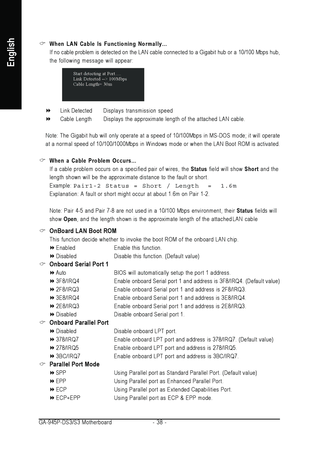 Intel GA-945P-DS3/S3 user manual OnBoard LAN Boot ROM, Onboard Serial Port, Onboard Parallel Port, Parallel Port Mode 