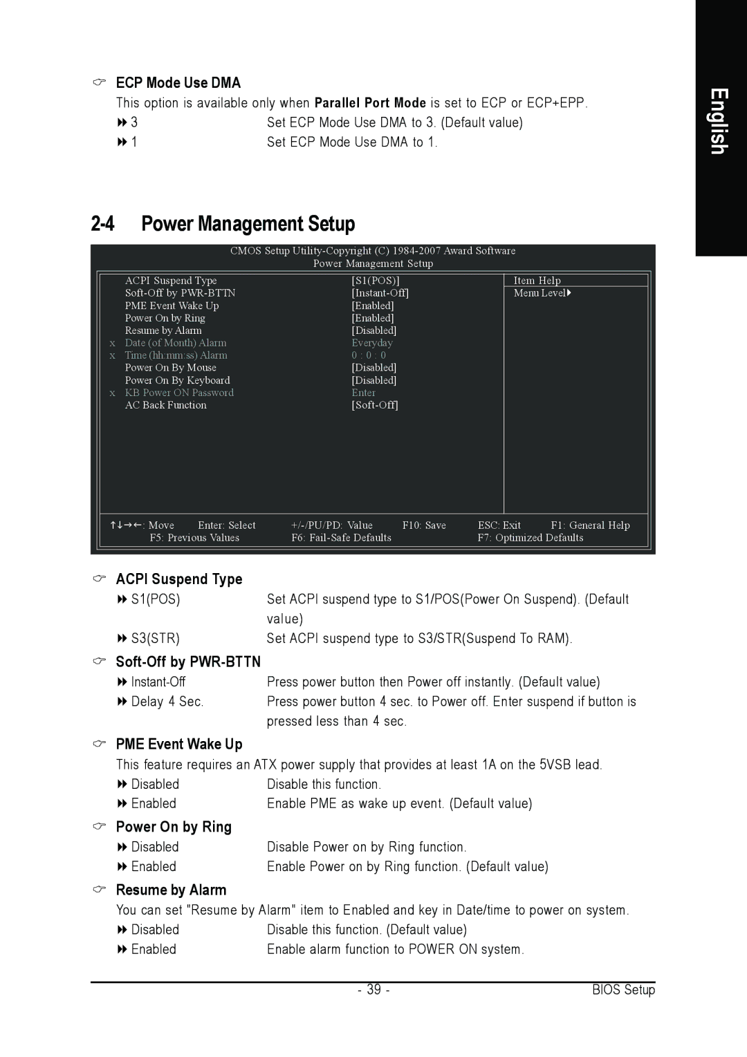 Intel GA-945P-DS3/S3 user manual Power Management Setup, ECP Mode Use DMA 