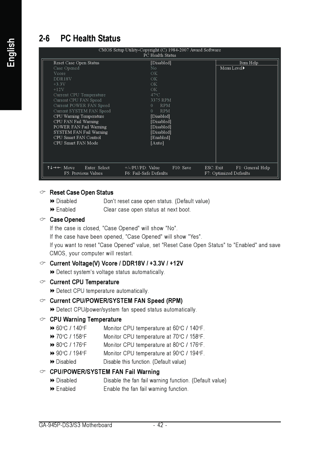 Intel GA-945P-DS3/S3 user manual PC Health Status 