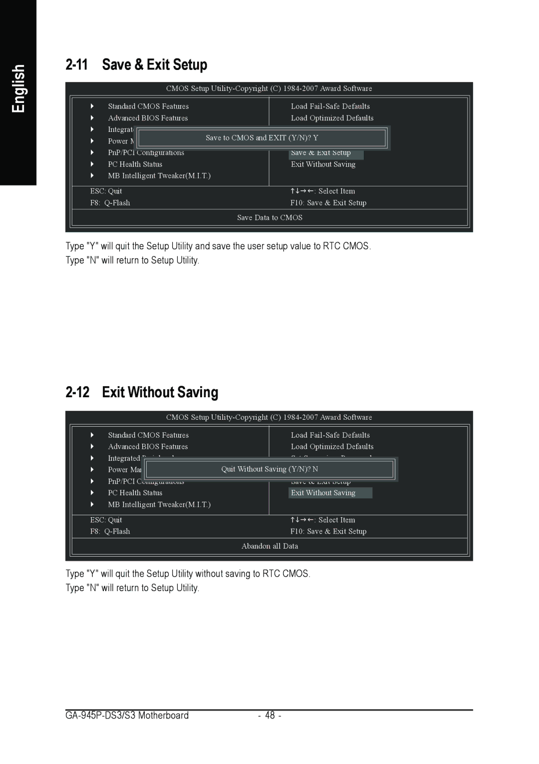 Intel GA-945P-DS3/S3 user manual Save & Exit Setup, Exit Without Saving 