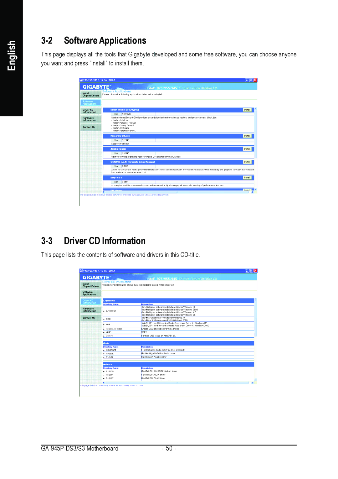 Intel GA-945P-DS3/S3 user manual Software Applications, Driver CD Information 