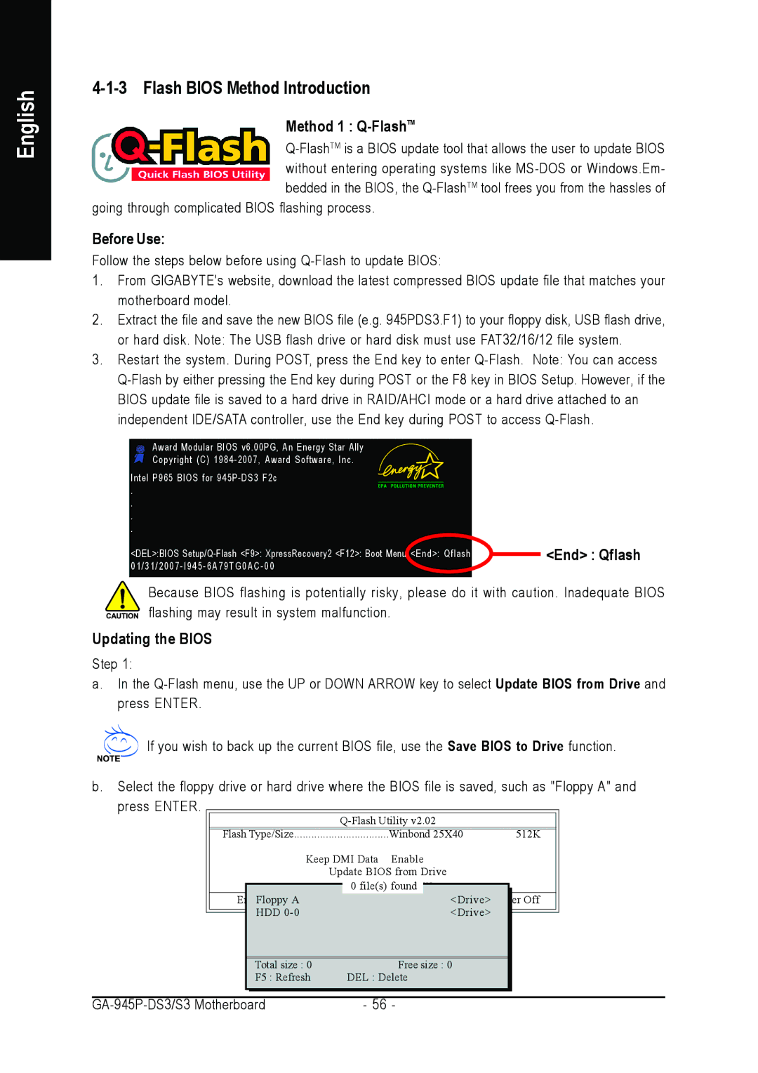 Intel GA-945P-DS3/S3 user manual Flash Bios Method Introduction, Method 1 Q-FlashTM, Before Use, Updating the Bios 