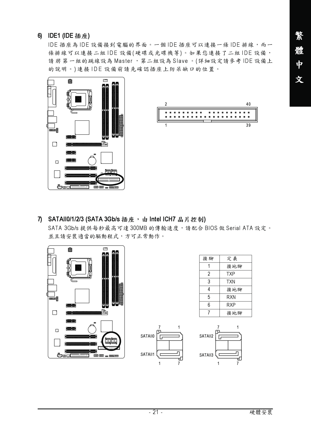 Intel GA-945P-S3 manual 6 IDE1 IDE, SATAII0/1/2/3 SATA 3Gb/s Intel ICH7, IDE IDE IDE IDE I D E I D E Master Slave IDE I D E 