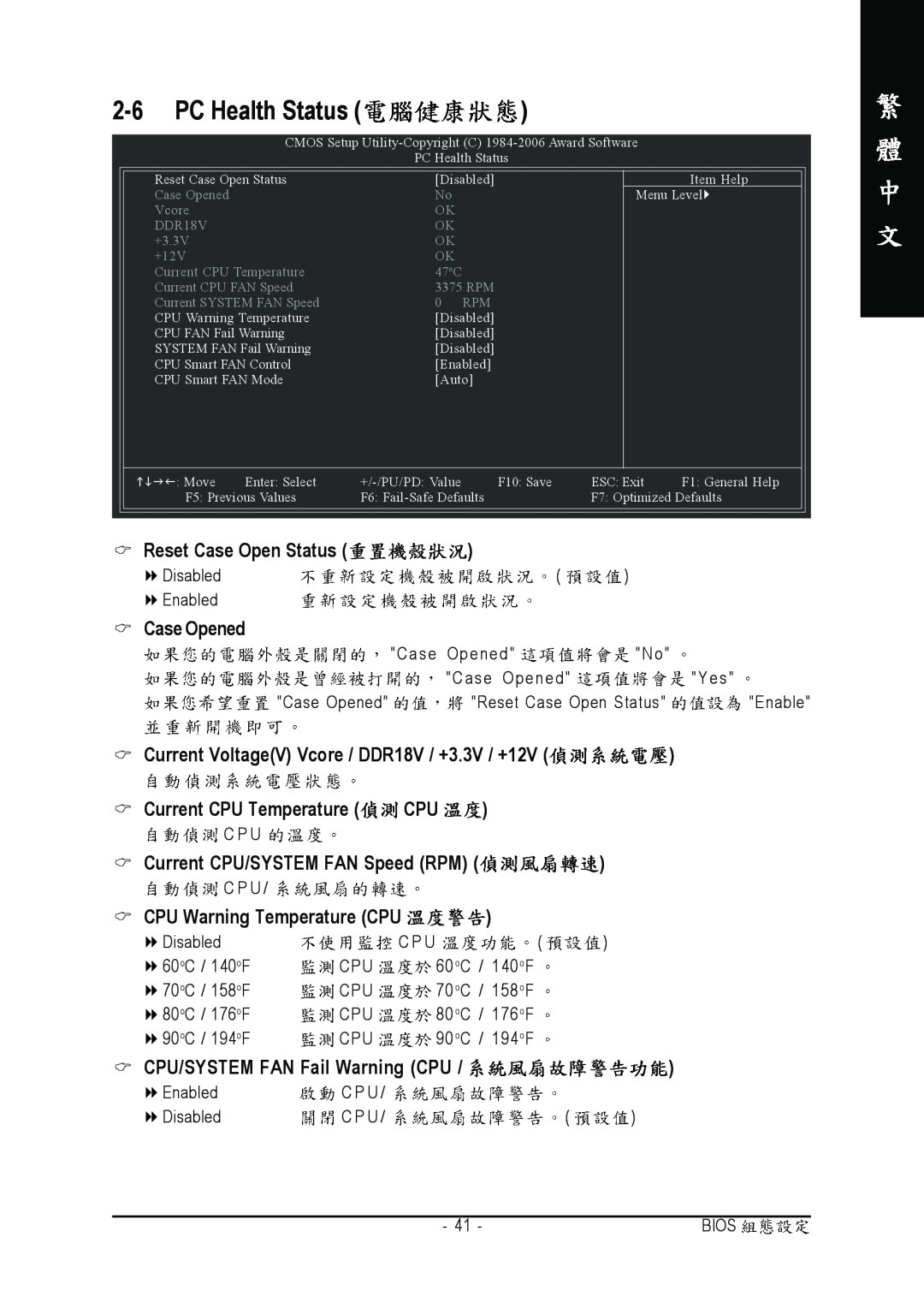 Intel GA-945P-S3 manual PC Health Status, Case Opened, Current VoltageV Vcore / DDR18V / +3.3V / +12V 
