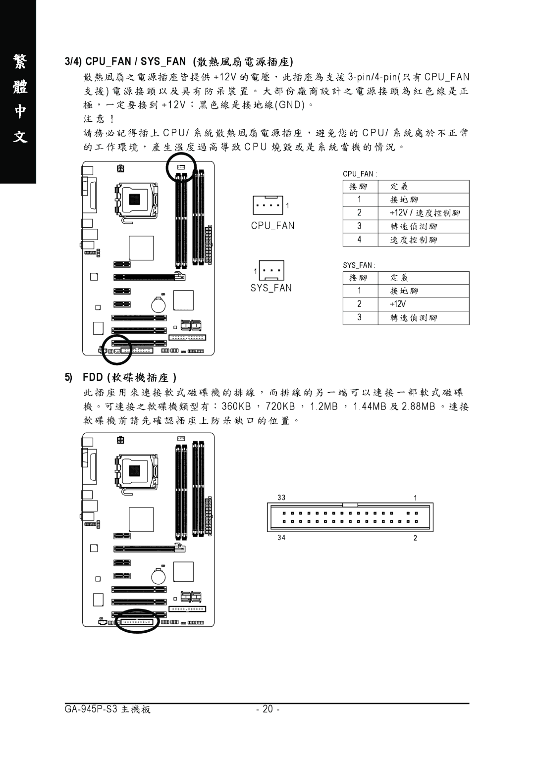 Intel GA-945P-S3 manual Cpufan / Sysfan, Fdd 