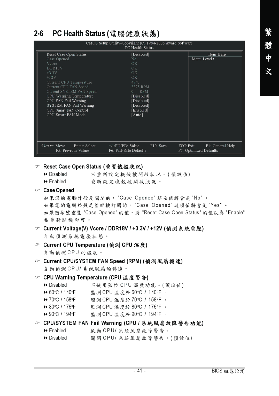 Intel GA-945P-S3 manual PC Health Status, CPU/SYSTEM FAN Fail Warning CPU 