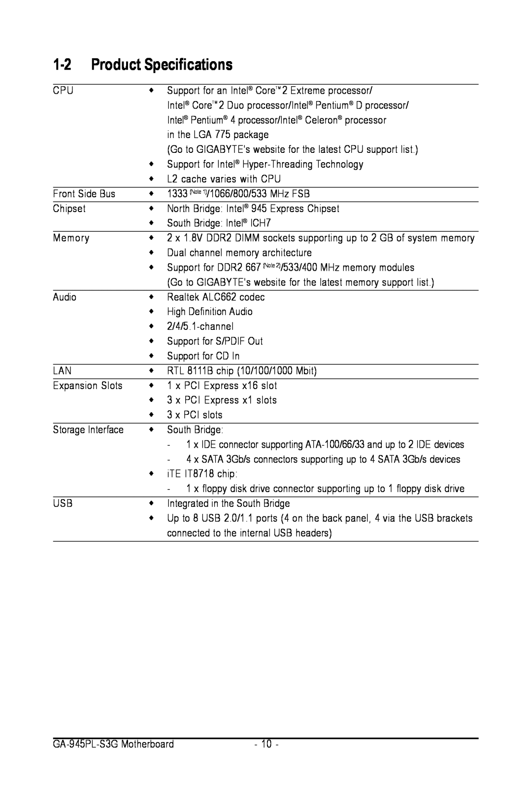 Intel GA-945PL-S3G user manual Product Specifications 