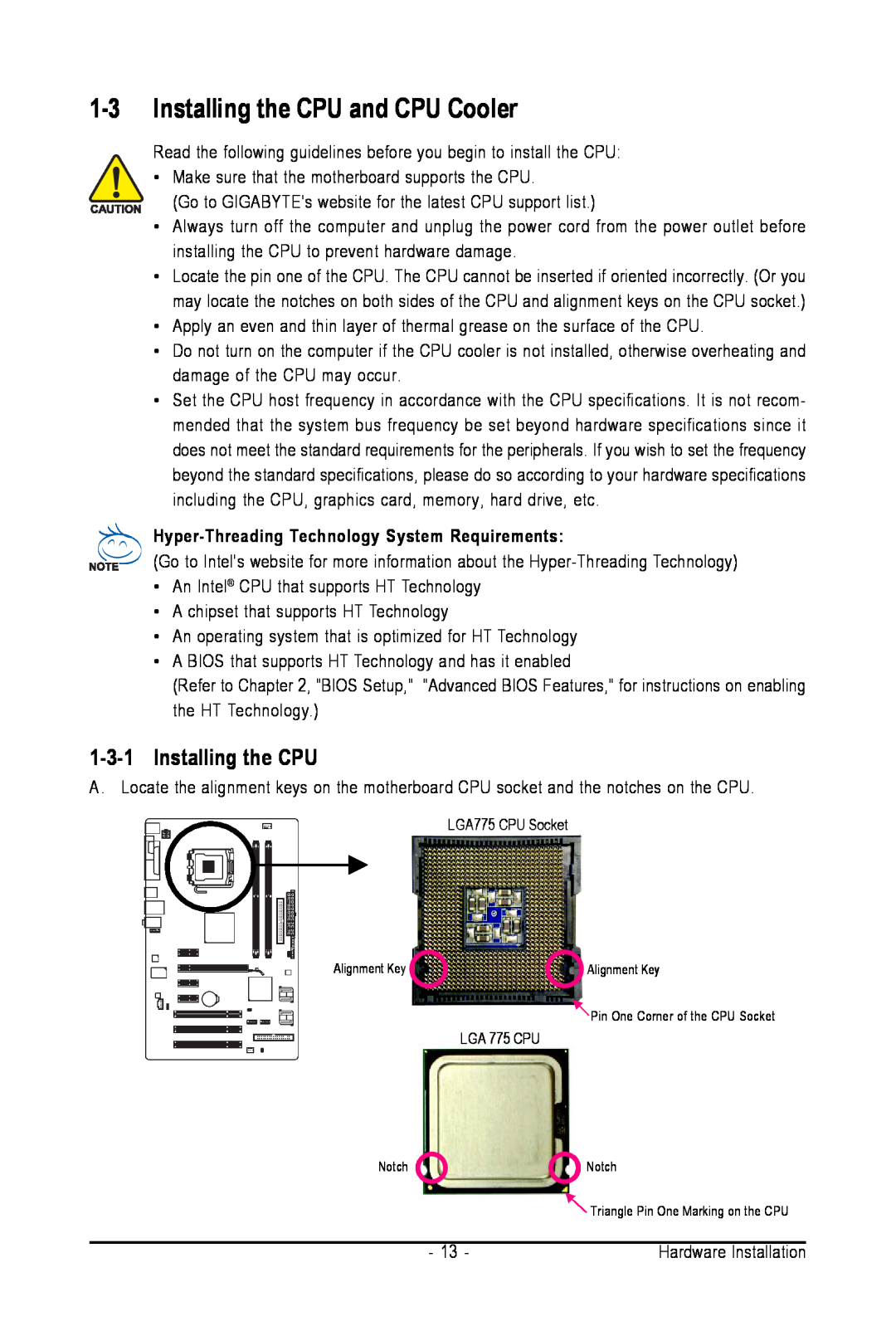 Intel GA-945PL-S3G user manual 1-3Installing the CPU and CPU Cooler, 1-3-1Installing the CPU 