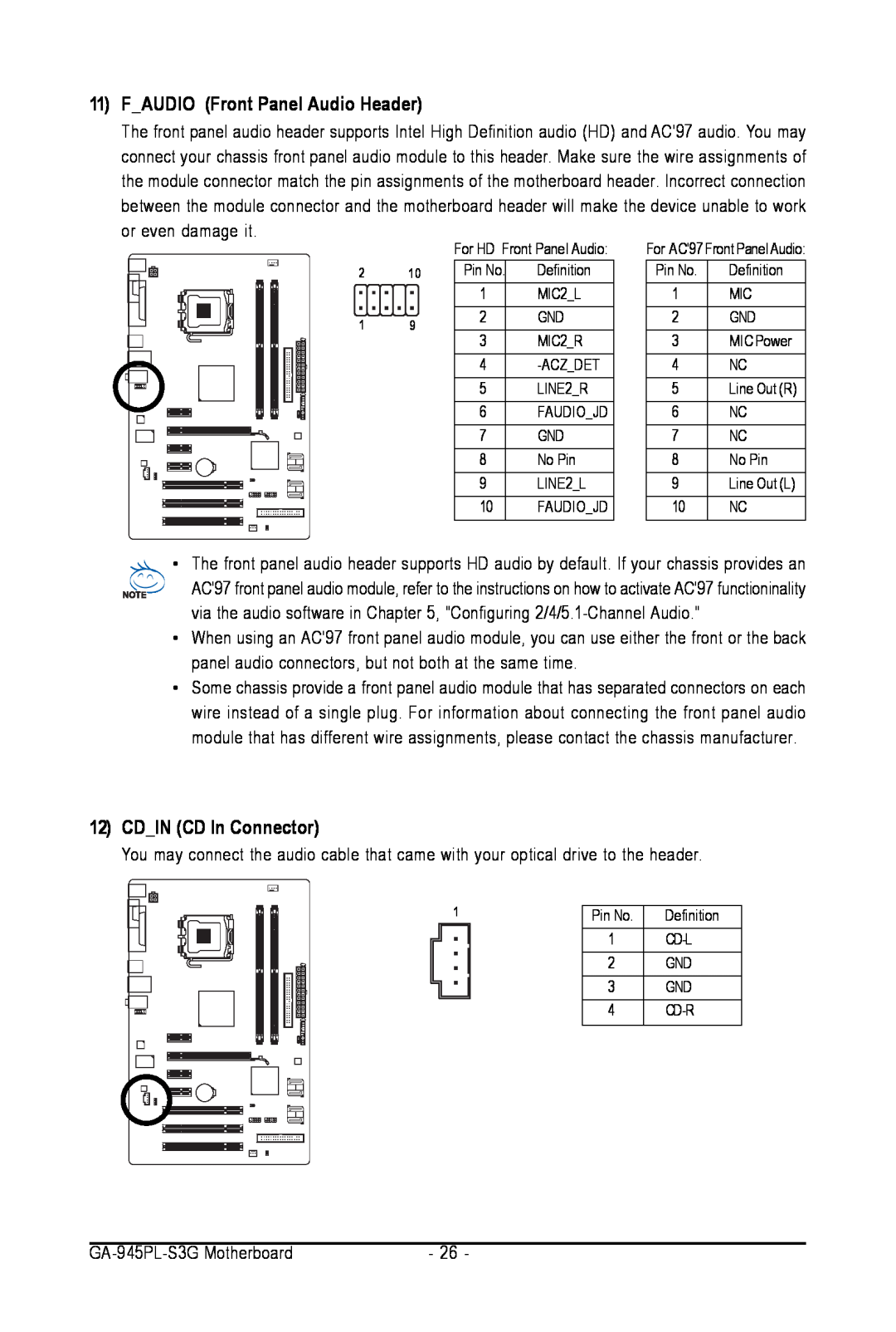 Intel GA-945PL-S3G user manual 11F_AUDIO Front Panel Audio Header, 12CD_IN CD In Connector 