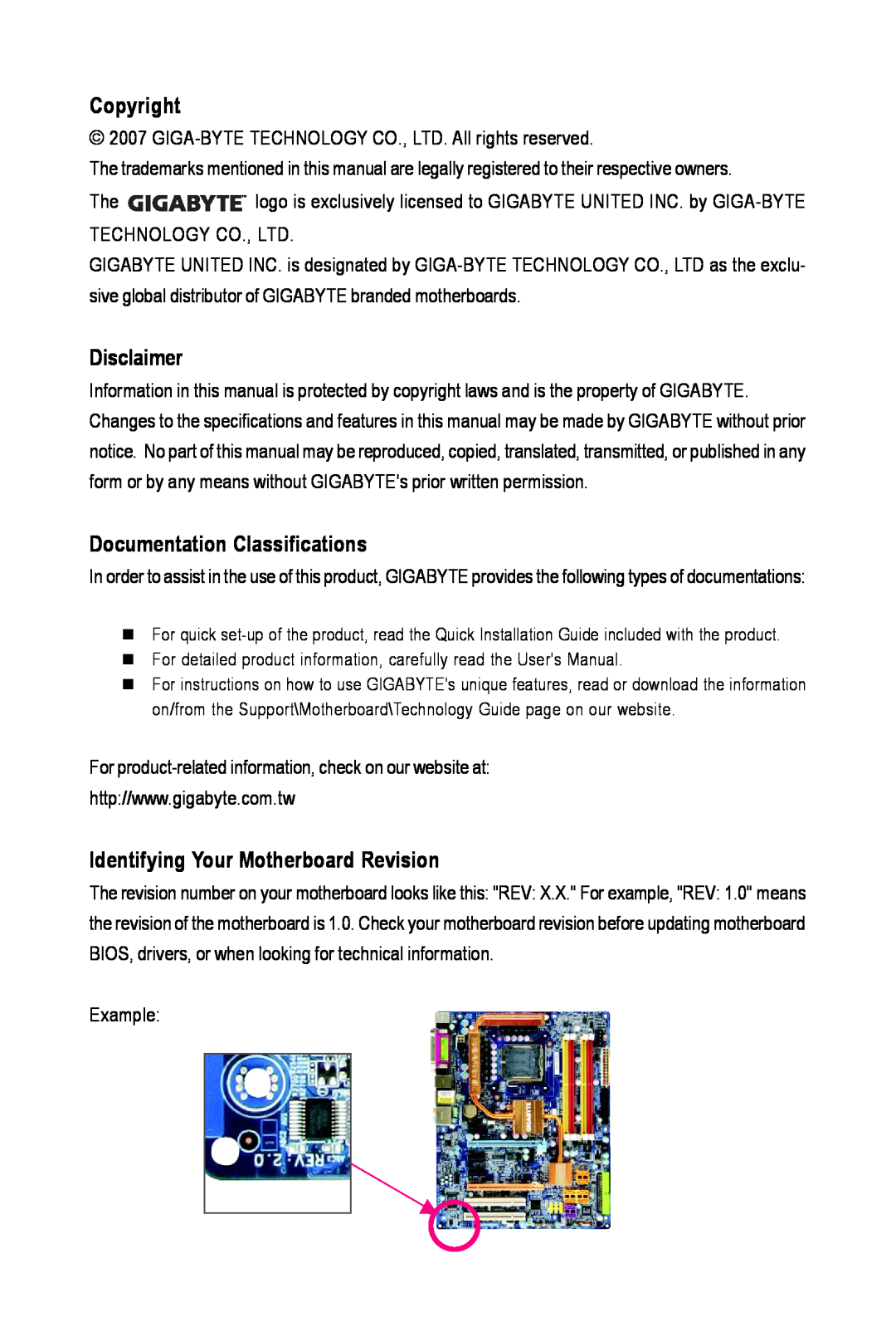 Intel GA-945PL-S3G user manual Copyright, Disclaimer, Documentation Classifications, Identifying Your Motherboard Revision 