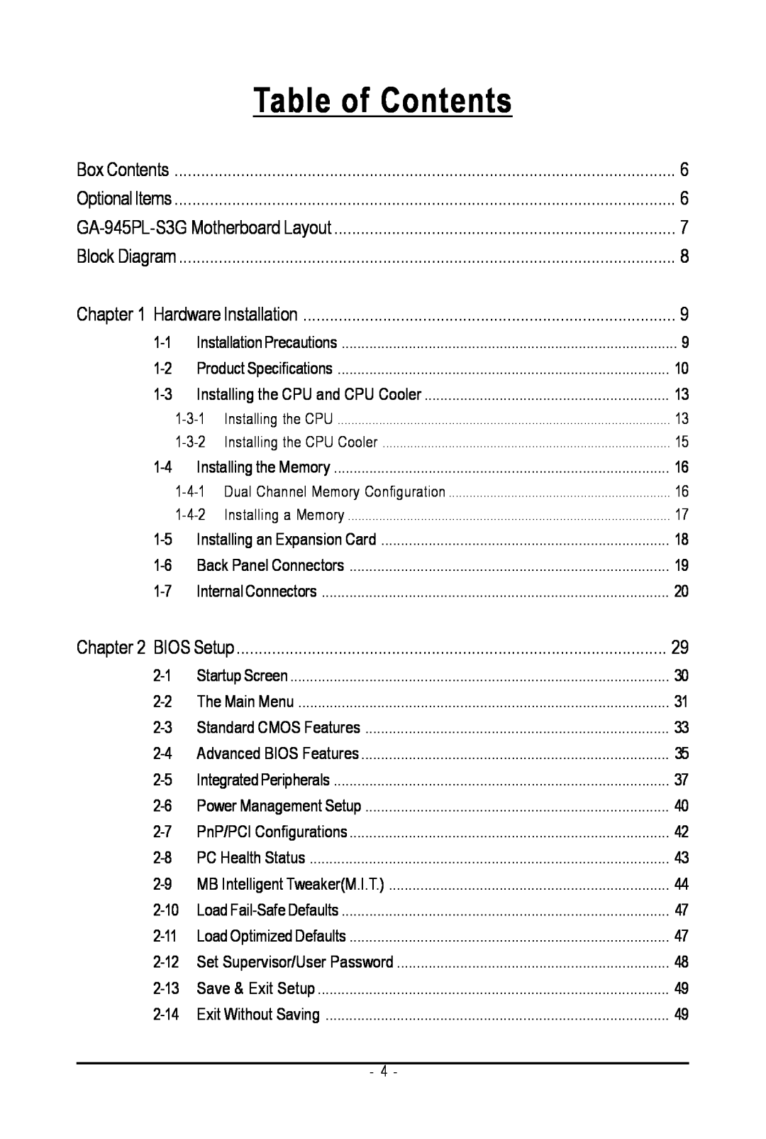 Intel GA-945PL-S3G user manual Table of Contents 