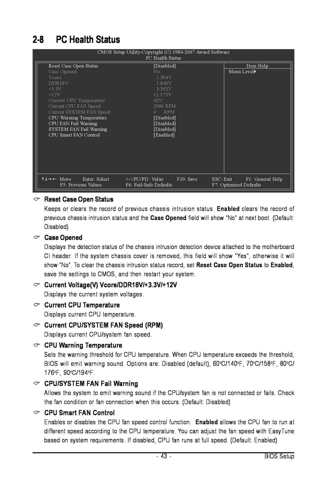 Intel GA-945PL-S3G PC Health Status, Reset Case Open Status, Case Opened, Current VoltageV Vcore/DDR18V/+3.3V/+12V 