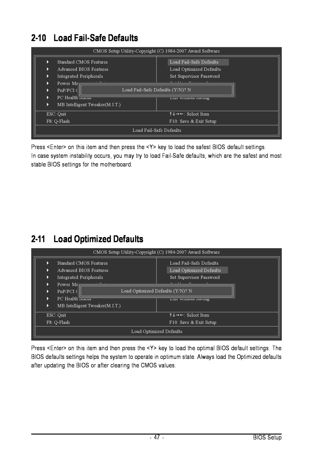 Intel GA-945PL-S3G user manual 2-10Load Fail-SafeDefaults, 2-11Load Optimized Defaults 