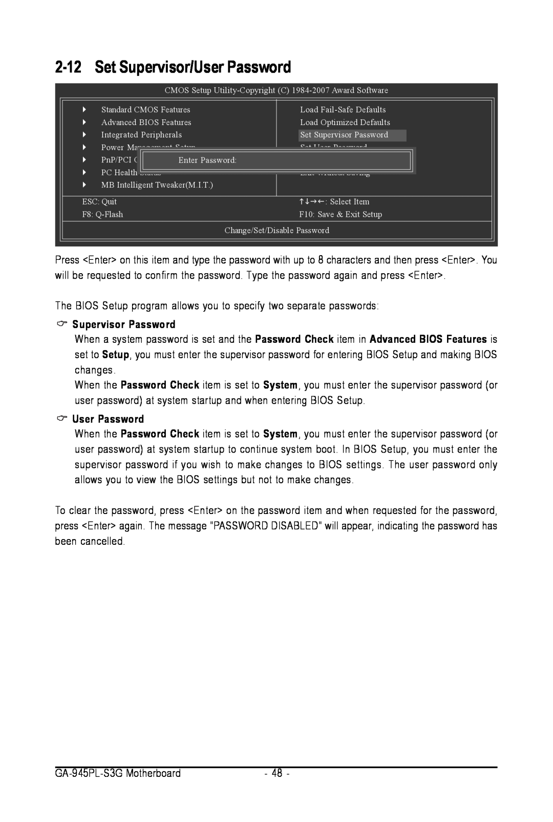 Intel GA-945PL-S3G user manual 2-12, Set Supervisor/User Password, Supervisor Password 