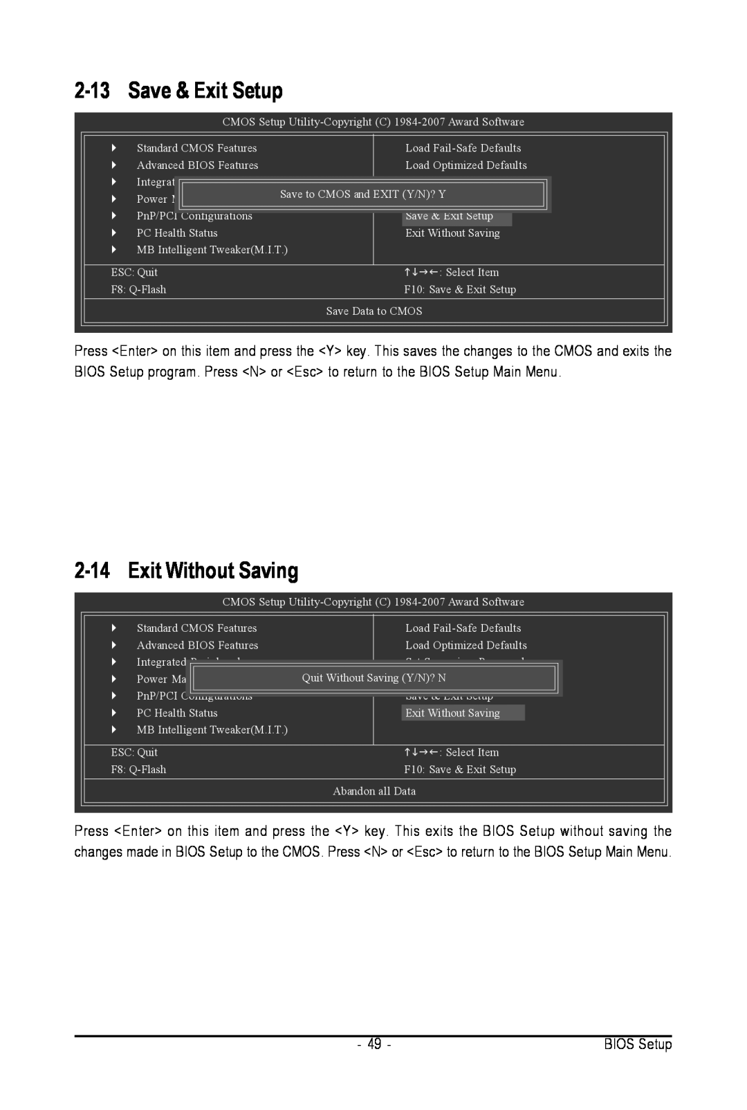 Intel GA-945PL-S3G user manual 2-13Save & Exit Setup, 2-14Exit Without Saving 