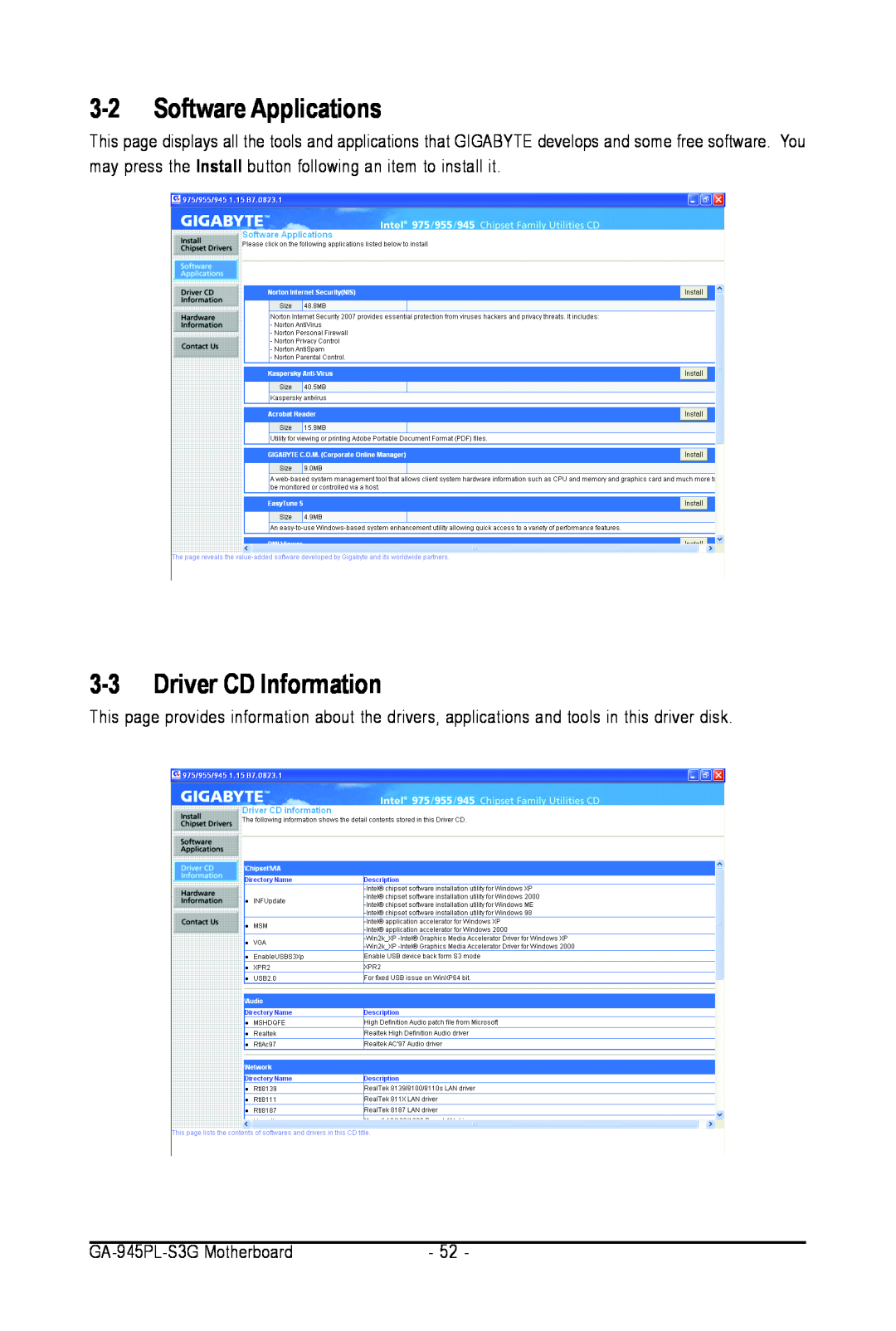 Intel user manual 3-2Software Applications, 3-3Driver CD Information, GA-945PL-S3GMotherboard 