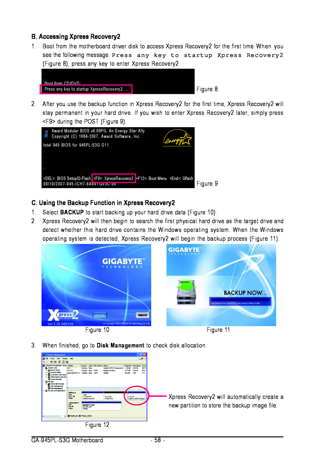 Intel GA-945PL-S3G user manual B. Accessing Xpress Recovery2, C. Using the Backup Function in Xpress Recovery2 