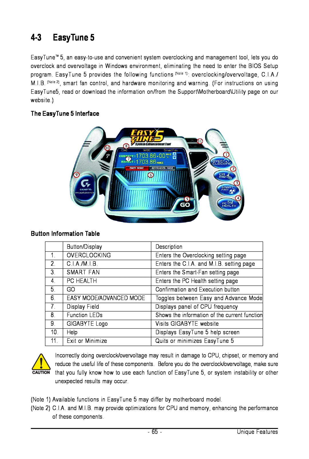 Intel GA-945PL-S3G user manual 4-3EasyTune, The EasyTune 5 Interface Button Information Table 