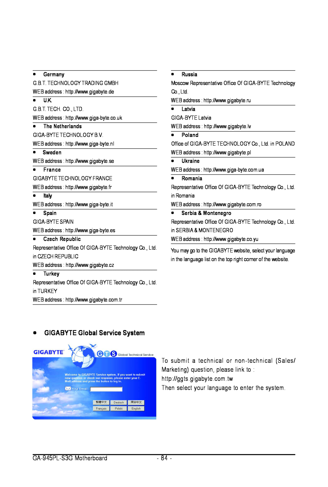 Intel user manual GIGABYTE Global Service System, Then select your language to enter the system, GA-945PL-S3GMotherboard 