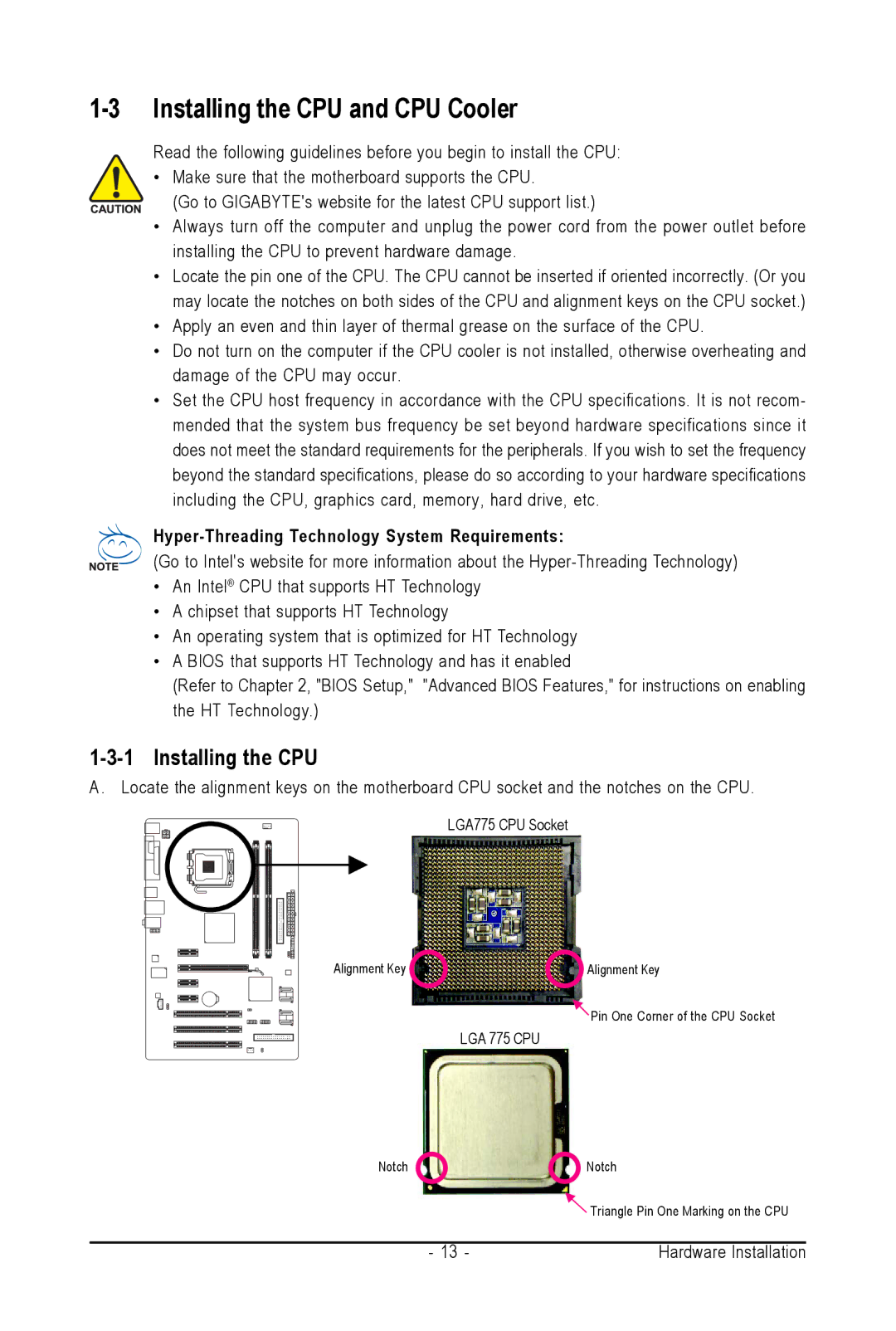 Intel GA-945PL-S3G user manual Installing the CPU and CPU Cooler, Hyper-Threading Technology System Requirements 