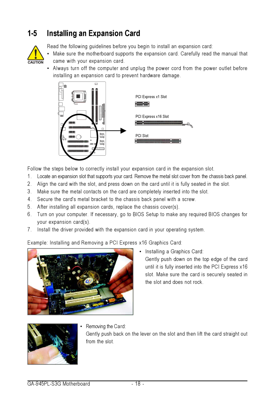 Intel GA-945PL-S3G user manual Installing an Expansion Card 