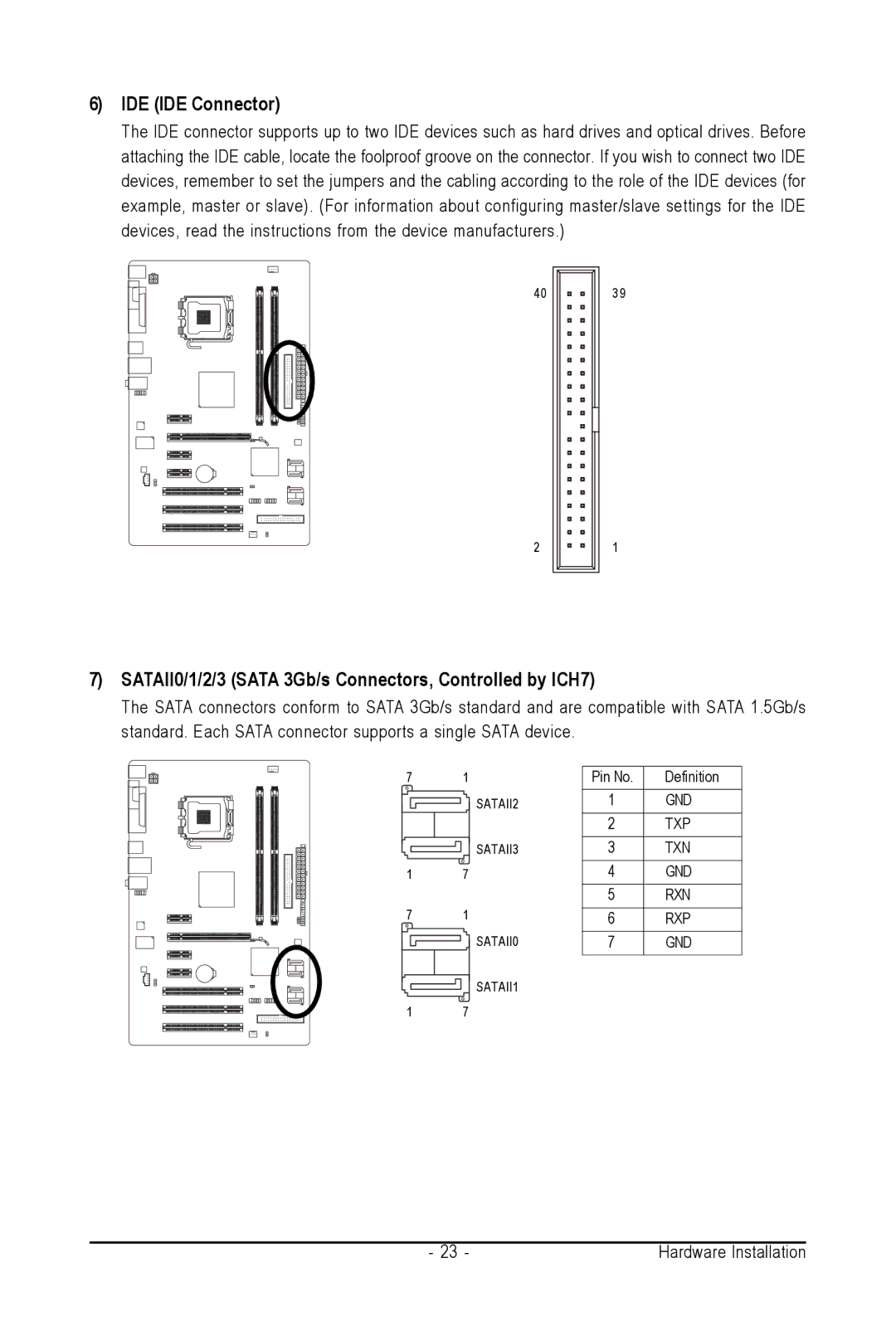 Intel GA-945PL-S3G user manual IDE IDE Connector, SATAII0/1/2/3 Sata 3Gb/s Connectors, Controlled by ICH7 