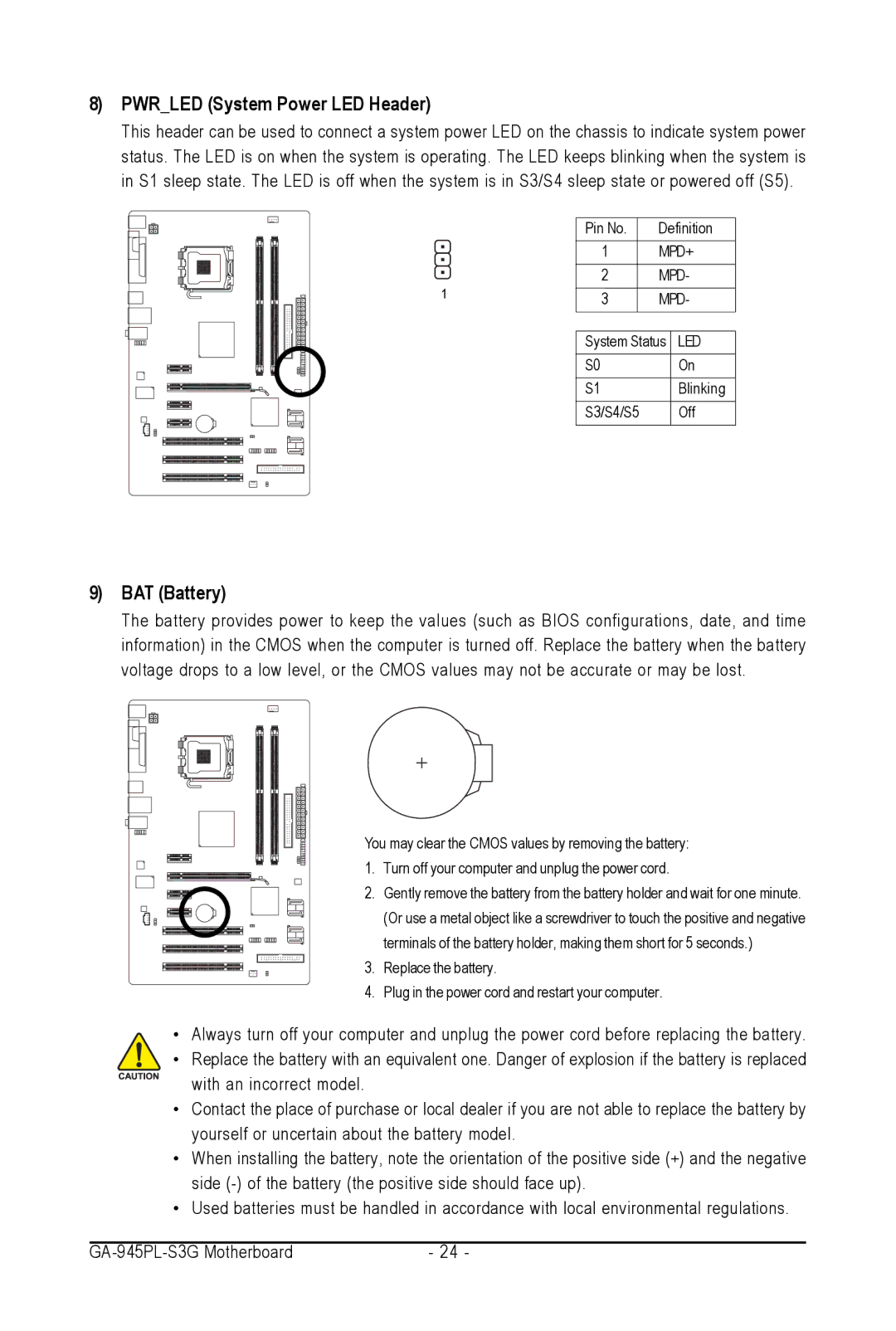 Intel GA-945PL-S3G user manual Pwrled System Power LED Header, BAT Battery 