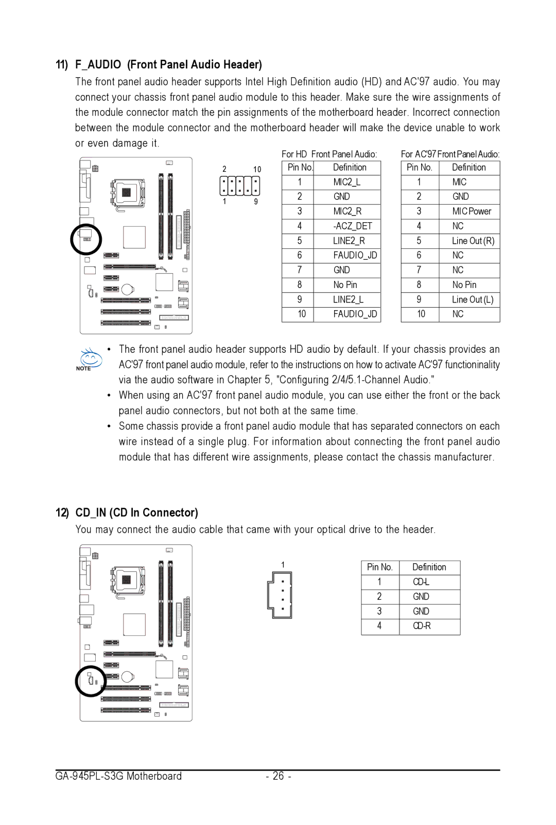 Intel GA-945PL-S3G user manual Faudio Front Panel Audio Header, Cdin CD In Connector 