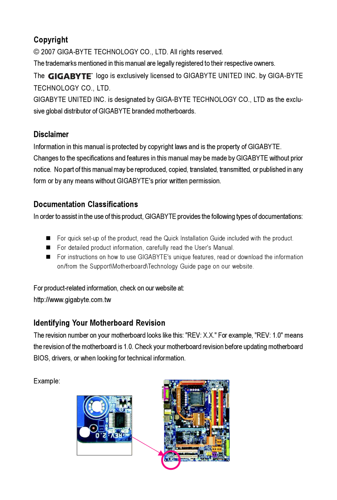 Intel GA-945PL-S3G user manual Copyright, Disclaimer, Documentation Classifications, Identifying Your Motherboard Revision 