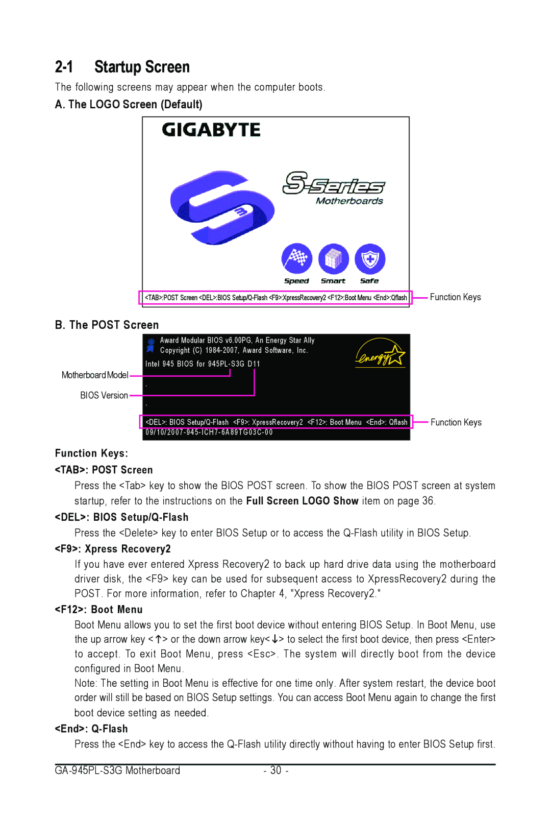 Intel GA-945PL-S3G user manual Startup Screen, Logo Screen Default, Post Screen 