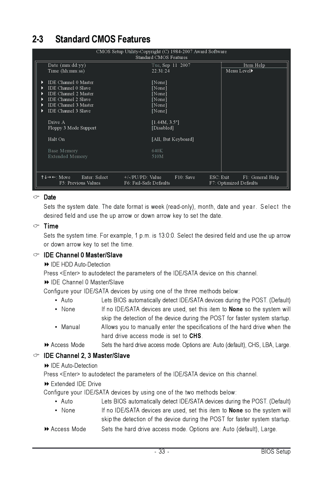 Intel GA-945PL-S3G user manual Date, Time, IDE Channel 0 Master/Slave, IDE Channel 2, 3 Master/Slave 