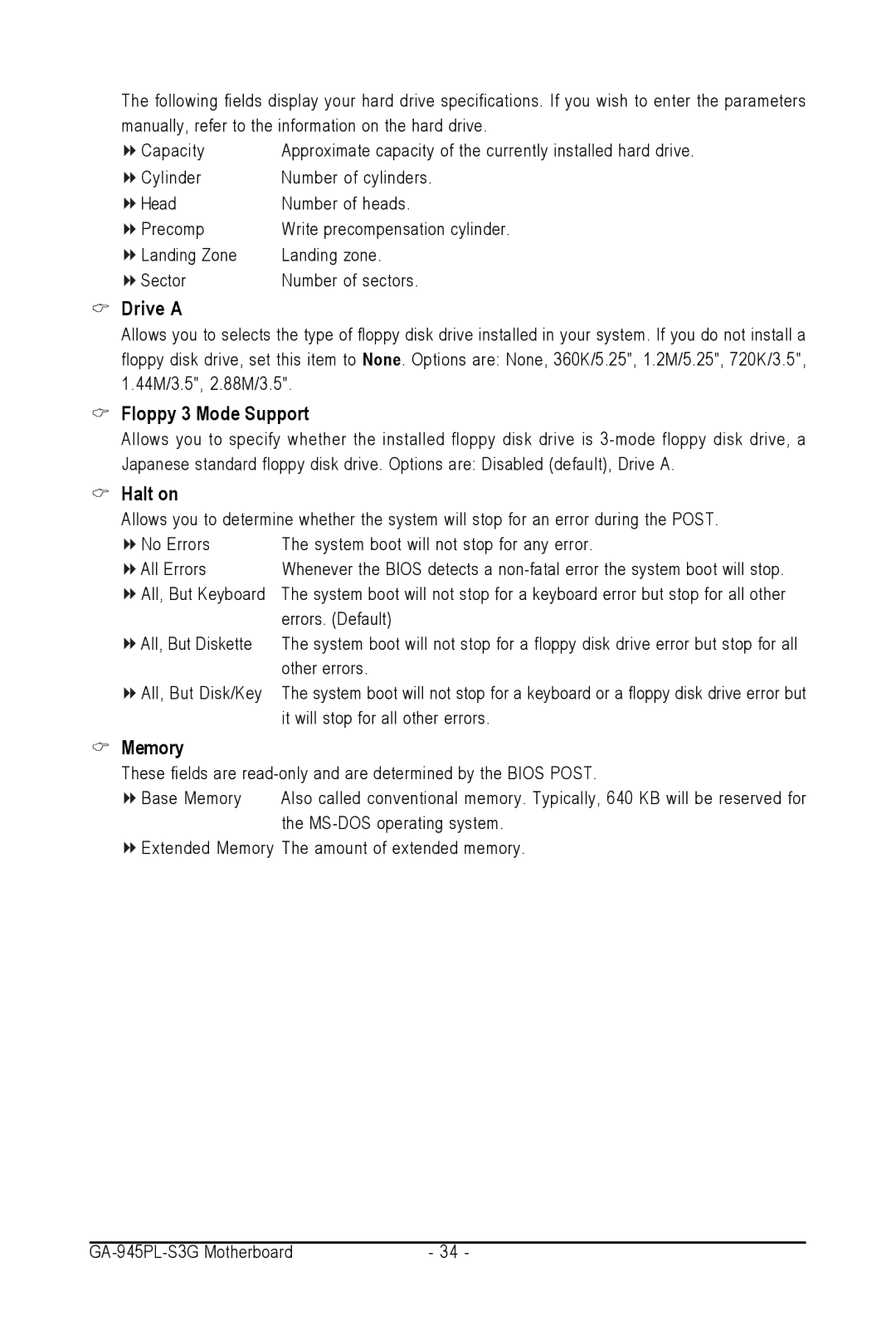 Intel GA-945PL-S3G user manual Drive a, Floppy 3 Mode Support, Halt on, Memory 