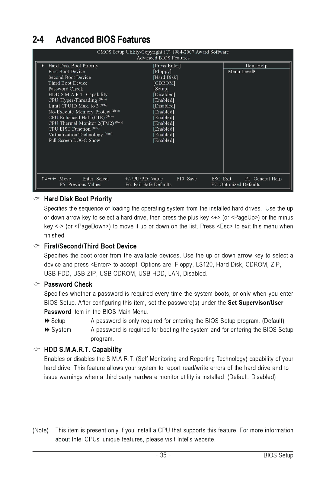 Intel GA-945PL-S3G Hard Disk Boot Priority, First/Second/Third Boot Device, Password Check, HDD S.M.A.R.T. Capability 