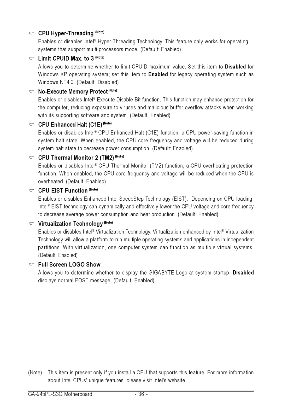 Intel GA-945PL-S3G user manual CPU Hyper-Threading Note, Limit Cpuid Max. to 3 Note, No-Execute Memory Protect Note 