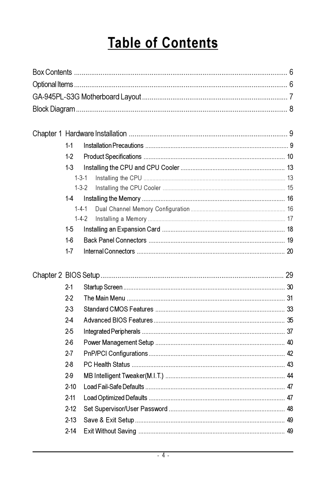 Intel GA-945PL-S3G user manual Table of Contents 