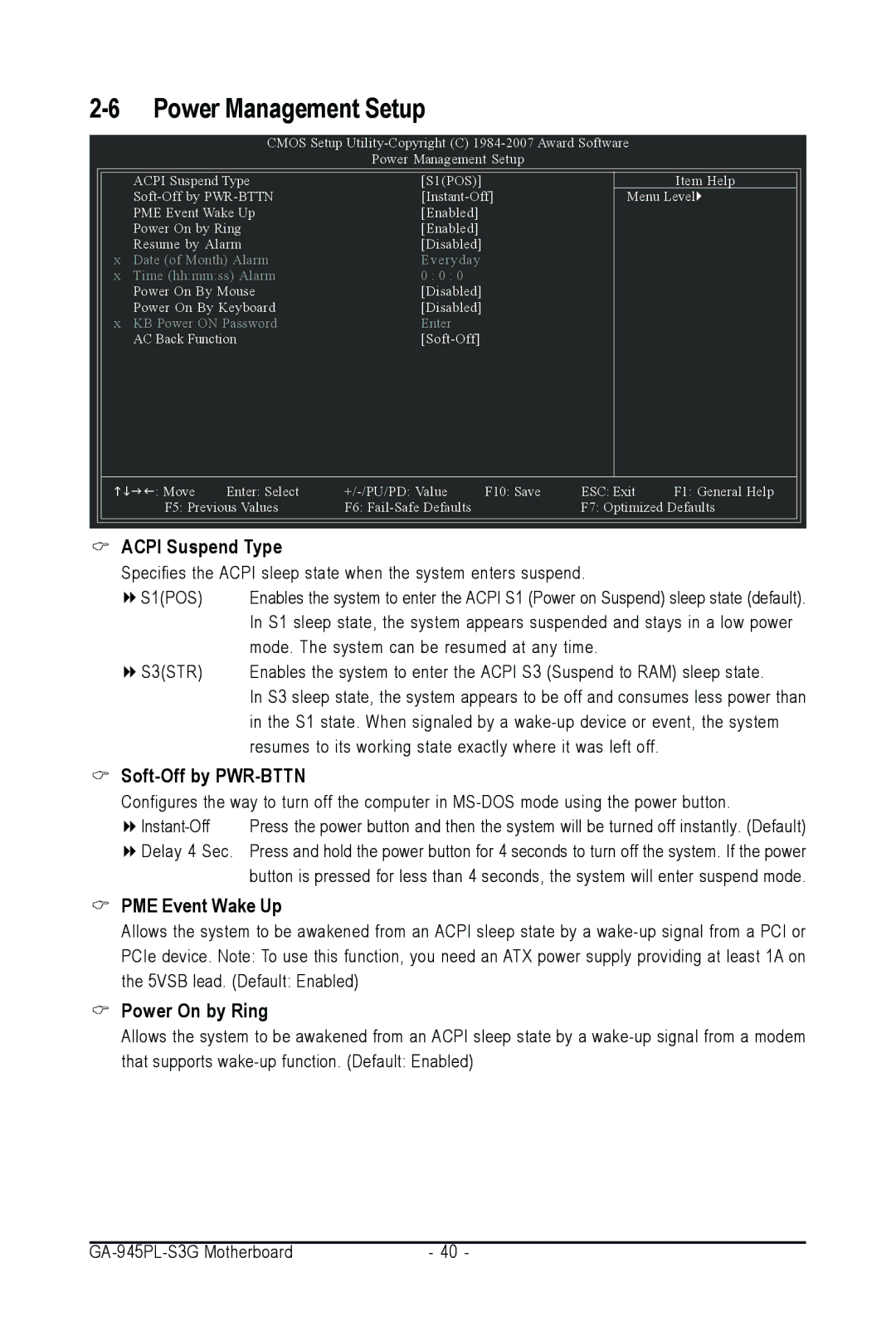 Intel GA-945PL-S3G user manual Soft-Off by PWR-BTTN, PME Event Wake Up, Power On by Ring 