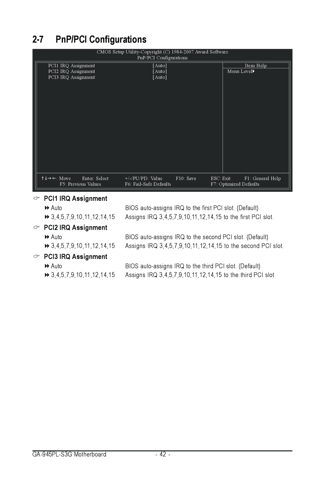 Intel GA-945PL-S3G user manual PnP/PCI Configurations 