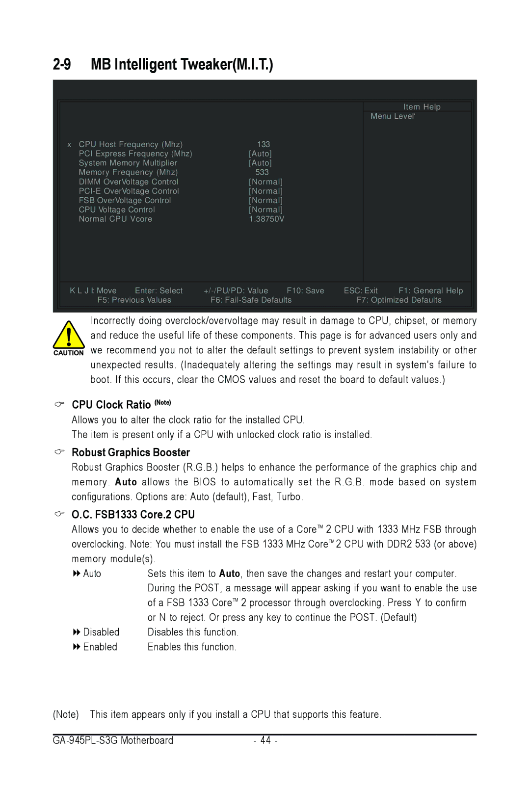 Intel GA-945PL-S3G user manual CPU Clock Ratio Note, Robust Graphics Booster, FSB1333 Core.2 CPU 