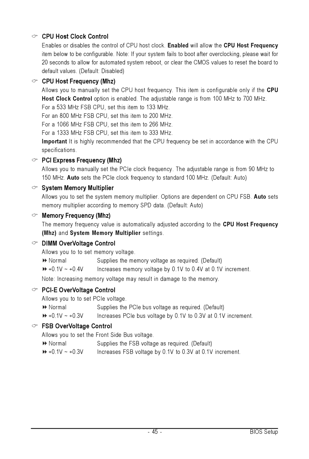 Intel GA-945PL-S3G CPU Host Clock Control, CPU Host Frequency Mhz, PCI Express Frequency Mhz, System Memory Multiplier 