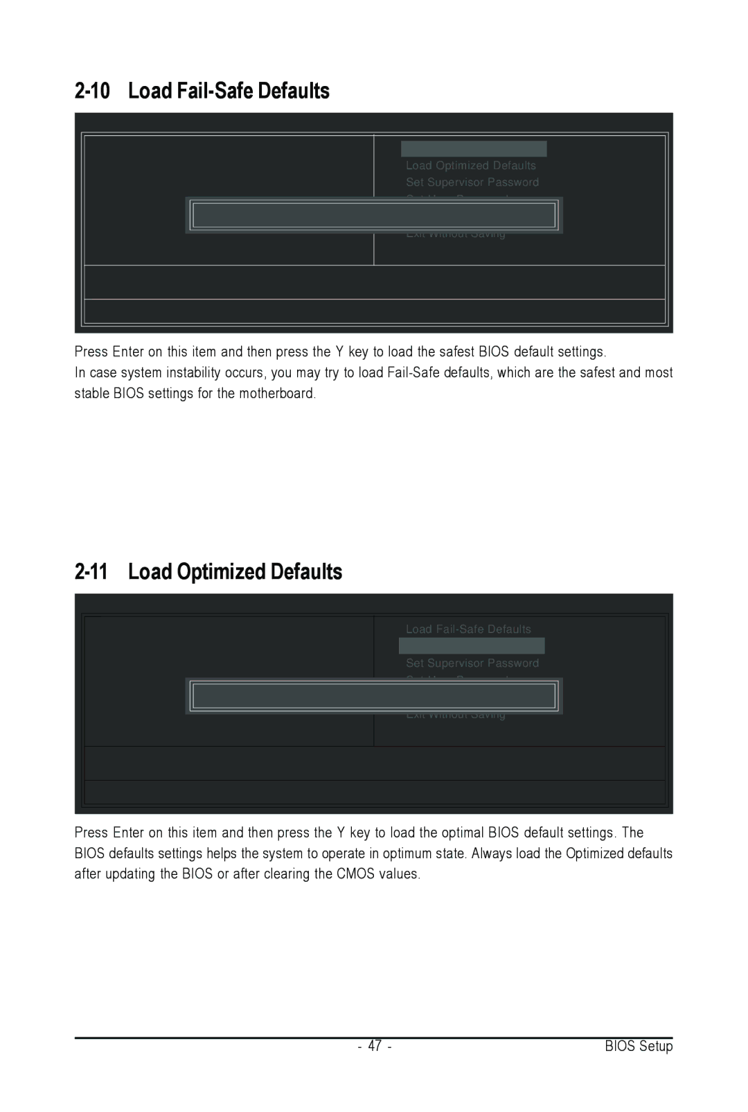 Intel GA-945PL-S3G user manual Load Fail-Safe Defaults, Load Optimized Defaults 