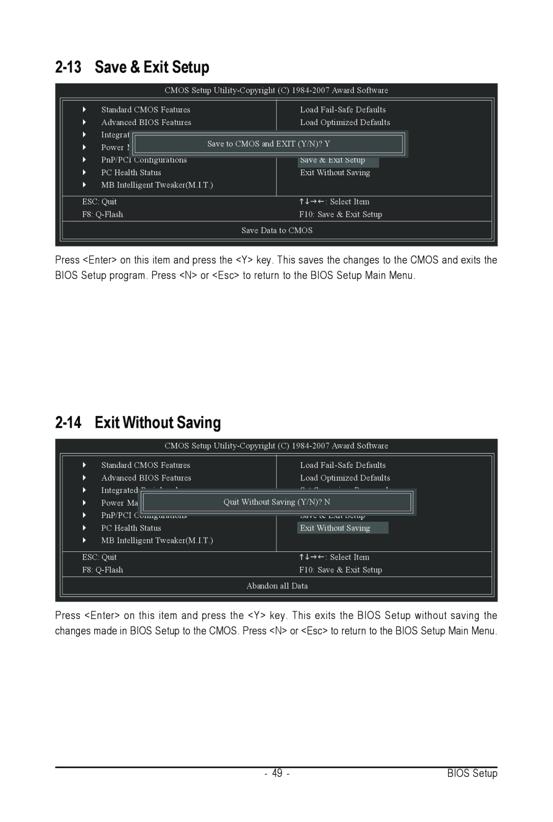 Intel GA-945PL-S3G user manual Save & Exit Setup, Exit Without Saving 