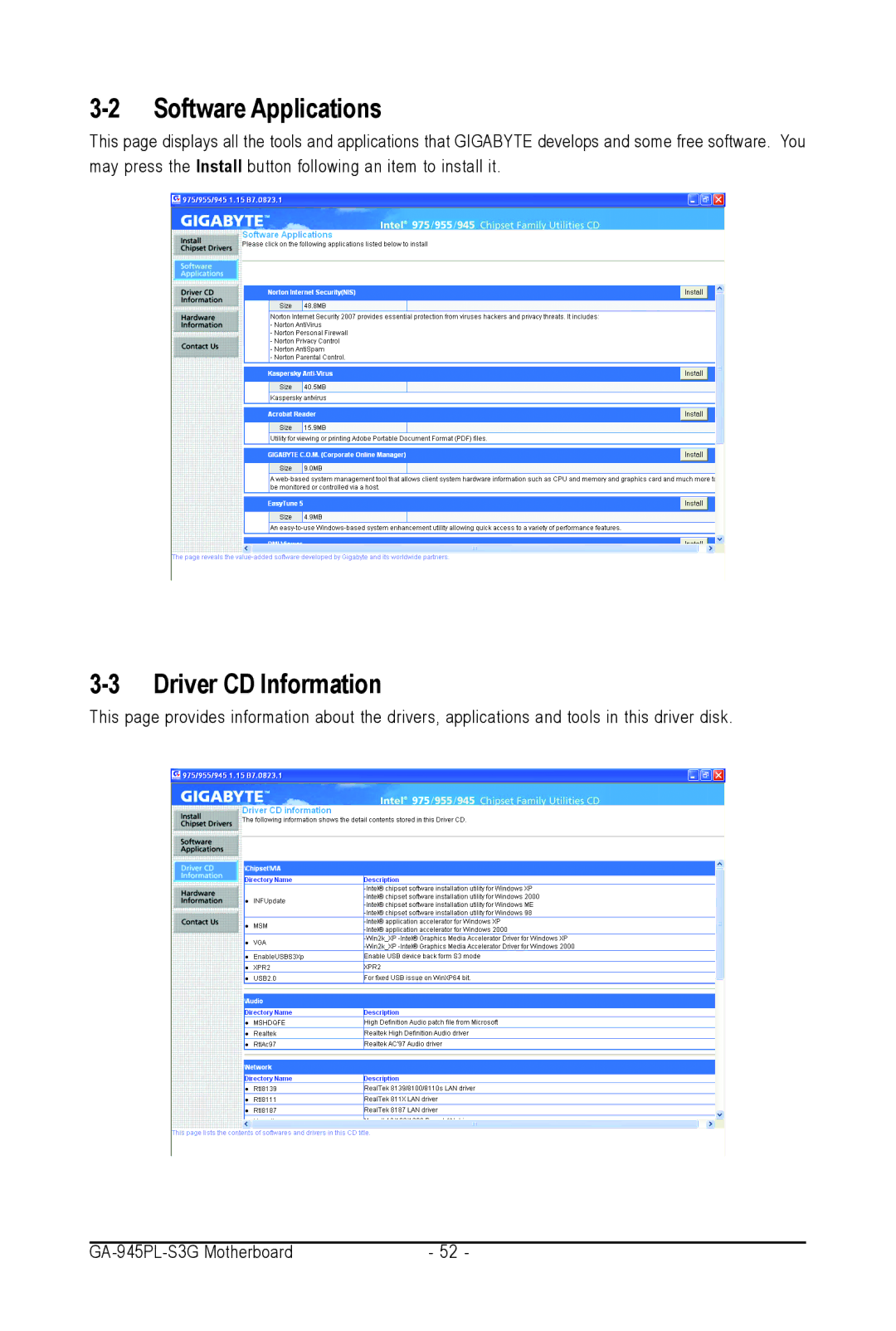 Intel GA-945PL-S3G user manual Software Applications, Driver CD Information 